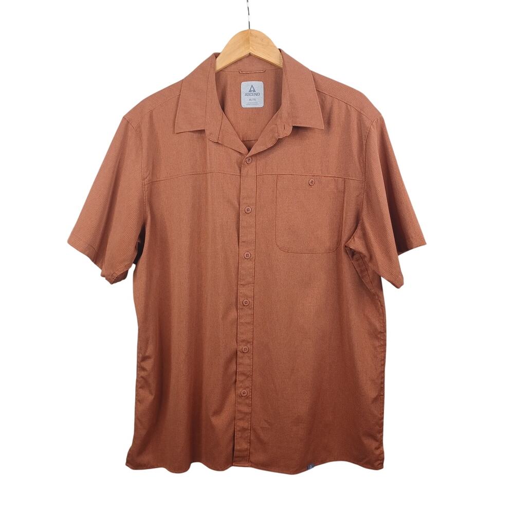 ASCEND Button Down Shirt Men's XL Ripstop Brown Clay Short Sleeve Hiking Outdoor